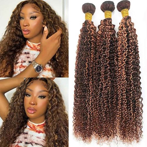 Giginger Brazilian Human Hair Bundles 24 26 28 Inch Jerry Curly Wave Bundles Human Hair Brazilian Chocolate Brown Highlight P4/30 Brazilian Unprocessed Virgin Quick Weave Hair for Black Women