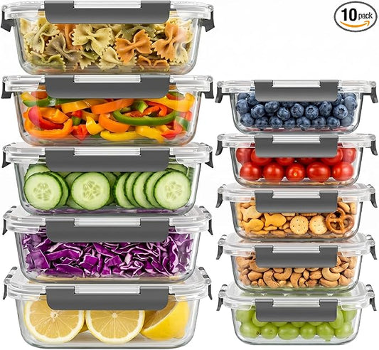 Dealusy 10 Sets (20-Piece) 4.5 Cup & 1.5 Cup Glass Food Storage Containers with lids, Airtight Leak-proof Glass Meal Prep Containers with Lids, Microwave Oven Freezer Dishwasher Safe, Gray