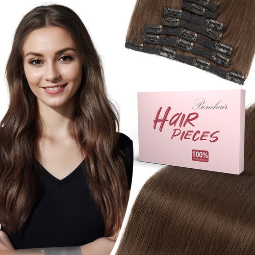 Benehair Clip in Hair Extensions Real Human Hair 22inch Double Weft Dark Brown Hair Extensions Clip in Human Hair Invisible Lace Weft Straight Hair Extensions Clip ins 7pcs with 16 Clips 130g #2