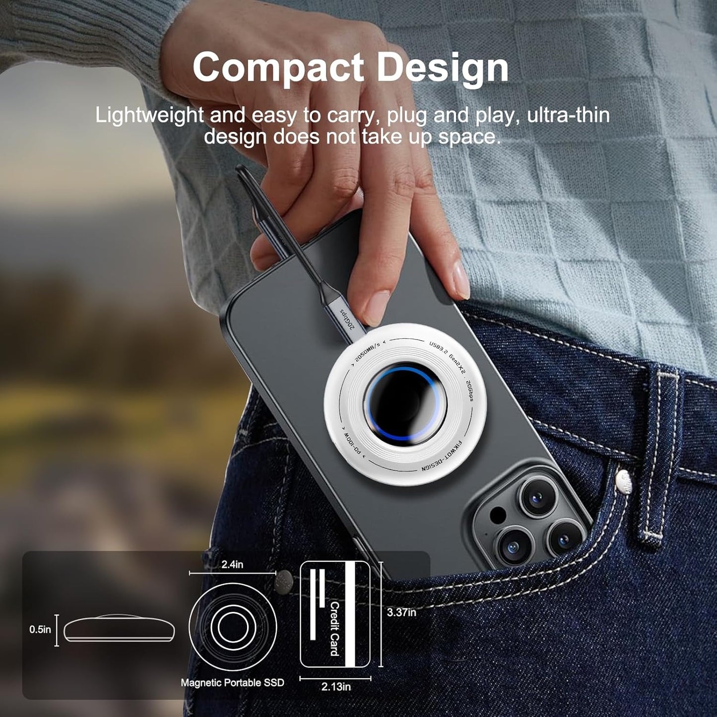 FP108 500GB Magnetic Portable SSD, External Solid State Drives with PD-100W and 2050MB/s USB-C 3.2 Gen 2x2, Play While Charging, Compatible with iPhone 16/15 Pro Max, Android, PC, Mac, Switch Lite