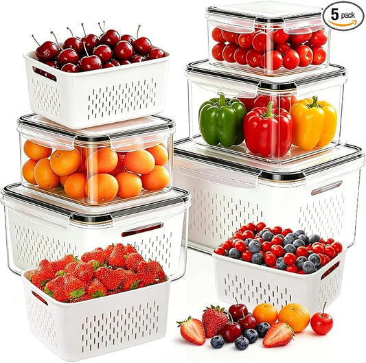 5 Pack Large Fruit Storage Containers for Fridge, Leakproof Produce Containers with Removable Colanders, Dishwasher Safe Fridge Organizers and Storage, Keep Berry, Vegetables Fresh Longer