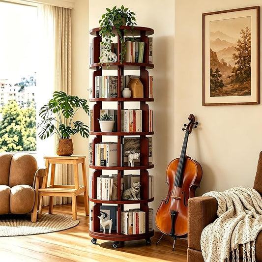 6 Tier 360° Rotating Solid Wood Bookshelf with Wheels, Lazy Susan Circular Spinning Revolving Corner Bookcase, Freestanding Storage Shelf for Bedroom Small Space, Walnut