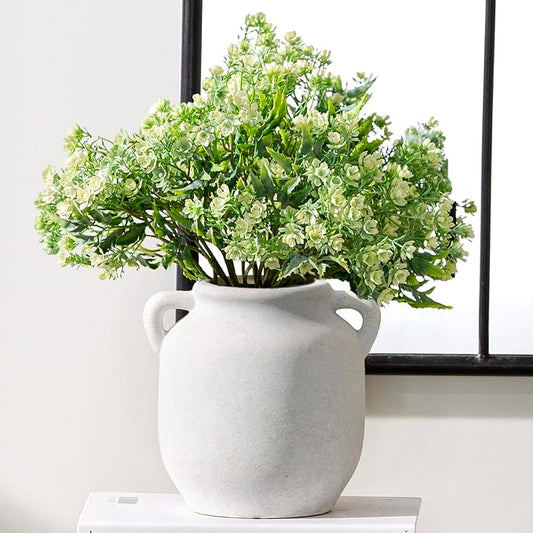 Ceramic Flower Vase Home Decor - Farmhouse Rustic White Table Vases with Handle Living Room Decoration Decorative Vintage Pottery for Kitchen Shelf Coffee Dining Desk Bookshelf Fireplace (6" Rustic)