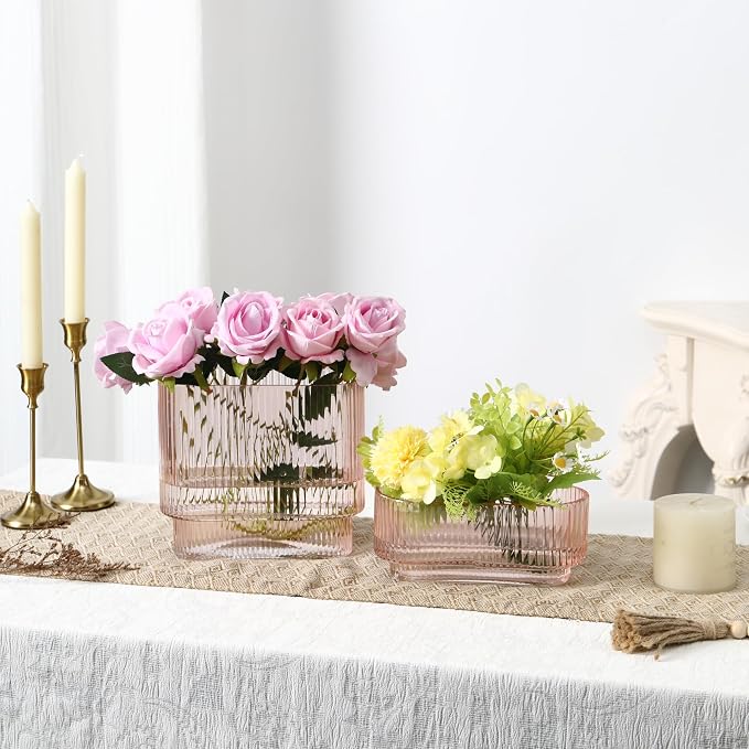 Short Glass Vases, Set of 2 Pink Glass Vases for Tulips, Ribbed Vase for Flowers, Modern Small Vase for Living Room, Dining Room, Bathroom, Desk, Shelf, Wedding, Office