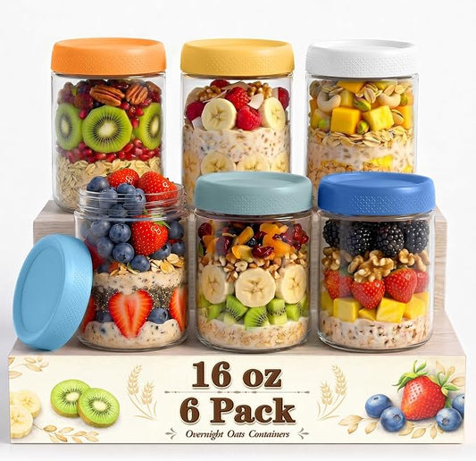 6 Pack Overnight Oats Containers with Lids, Mason Jars 16 oz with Lids, Reusable Glass Jars, Parfait Cups with Lid for Yogurt, Chia, Pudding, Snack, Food, Spice, Breakfast, Salad, Sugar