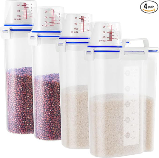 4 Pcs Set Rice Storage Container 5.5lb, Rice Dispenser with Measuring Cup & Pour Spout for Flour Pasta Grain Pet Dog Cat Bird Food Storage Container