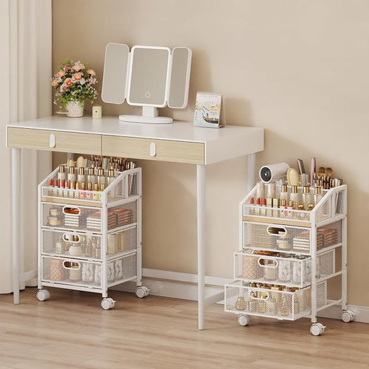 HapiRm Rolling Makeup Cart Organizer - Under Desk Makeup Storage with Wheels, Floor Make up Cart Skincare Organizers Desk Vanity Storage Organizer Cabinet for Cosmetics Makeup Brush Hair Tool, White