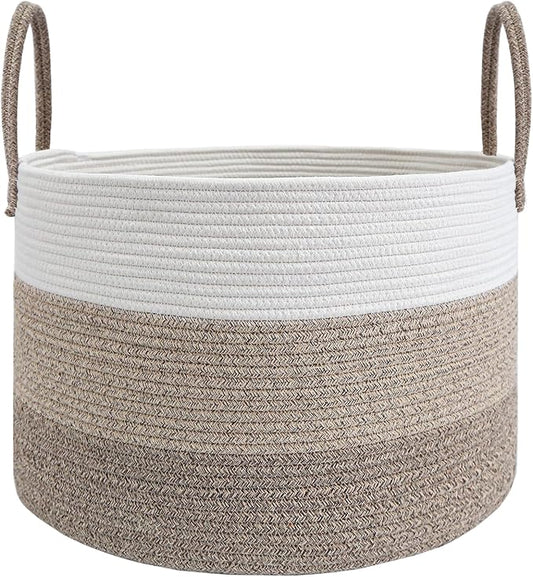 JMvicyroam 115L Extra Large Blanket Basket for Living Room - Woven Cotton Rope Laundry Hamper with Reinforced Handles - Storage Bin for Pillows, Comforters & Toys - Machine Washable,White&Brown Mix