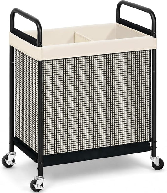 STORAGE MANIAC Rolling Laundry Hamper with Wheels 2-Section Laundry Sorter Rolling Laundrys Basket on Wheels with Removable Bag Clothes Hamper Laundrys Organizer Cart Bathroom Bedroom 100L Beige