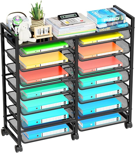 Simple Trending 15-Tier Rolling File Cart, Desk File Organizer with 14 Mesh Sliding Trays, Letter & Legal Paper Storage Rolling Utility Cart for Office Home School, Black