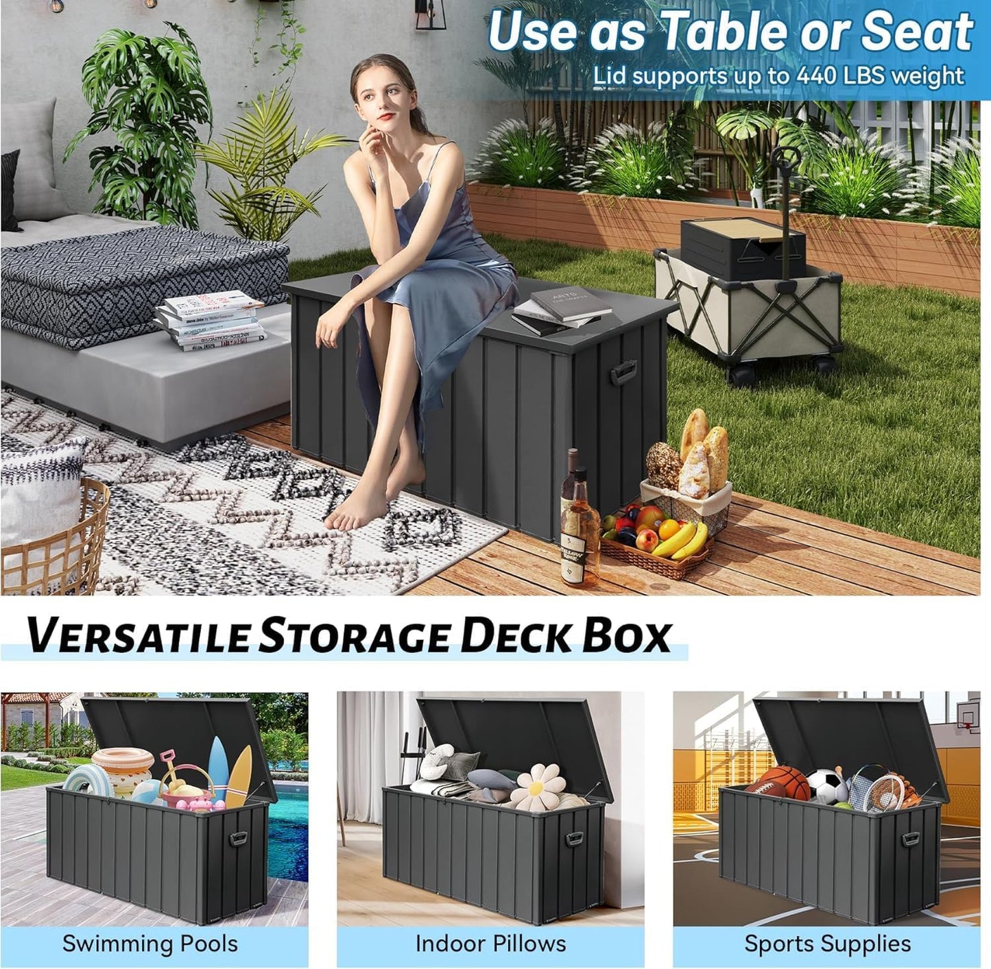 Metal Outdoor Storage Box, 150 Gallon Waterproof Deck Box for Patio Cushion, Outside Storage Cabinet Rust/UV Resistant, Lockable Garden Tool Storage Bin for Porch Package Delivery, Grey