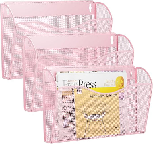 3 Single Pocket Wall File Holder, Mesh Hanging File Folder Paper Organizer, Vertical Wall Mounted Mail Basket, Storage Organization Magazine Rack for Office, Home and School, Pink