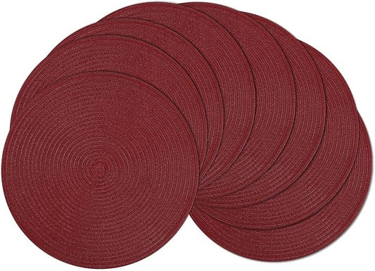 SHACOS Round Placemats Set of 8 for Dining Table 15 inch Round Braided Place Mats Cotton Polyester Washable Non Slip Kitchen Table Mats, Burgundy