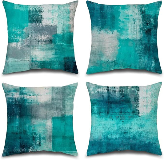 Teal and Gray Throw Pillow Covers,Set of 4 16X16 Inch Turquoise Modern Abstract Art Artwork Decorative Pillow Cushion Covers for Couch Bedroom Living Room