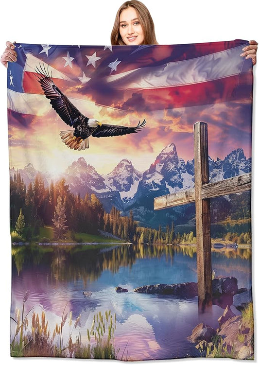 Spirit of Freedom Majestic Eagle Blanket,American Flag Cross Patriotic Throw Blankets,Gifts for Adults,Lightweight Soft Fleece,for Sofa Couch Bed Room Travel,Birthday Christian Decor,40x50in