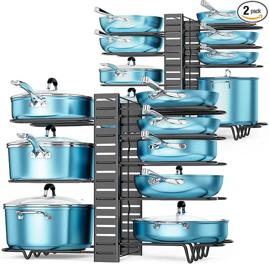 ORDORA Pots and Pans Organizer for Cabinet 16.61 Height 2 Pack, 8 Tier Pot Organizers Rack with 3 DIY Methods, Adjustable Pan Organizer under Cabinet Kitchen Organization and Storage