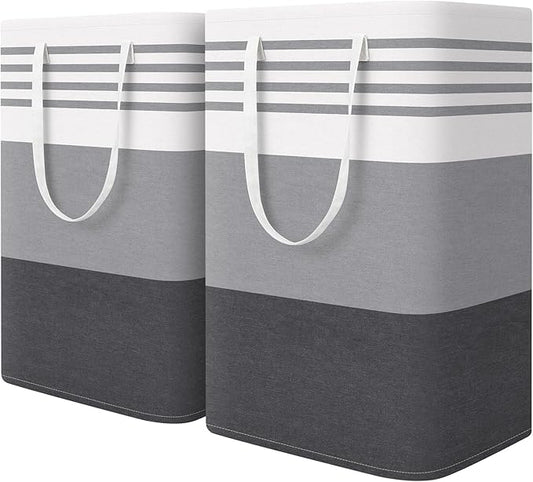 WOWBOX 2 Pack Laundry Baskets, Laundry Hampers, Freestanding Dirty Clothes Hampers with Reinforced Handles & Cross Stitch & Waterproof Coating, for Laundry Bedroom Bathroom Dorm,75L Grey