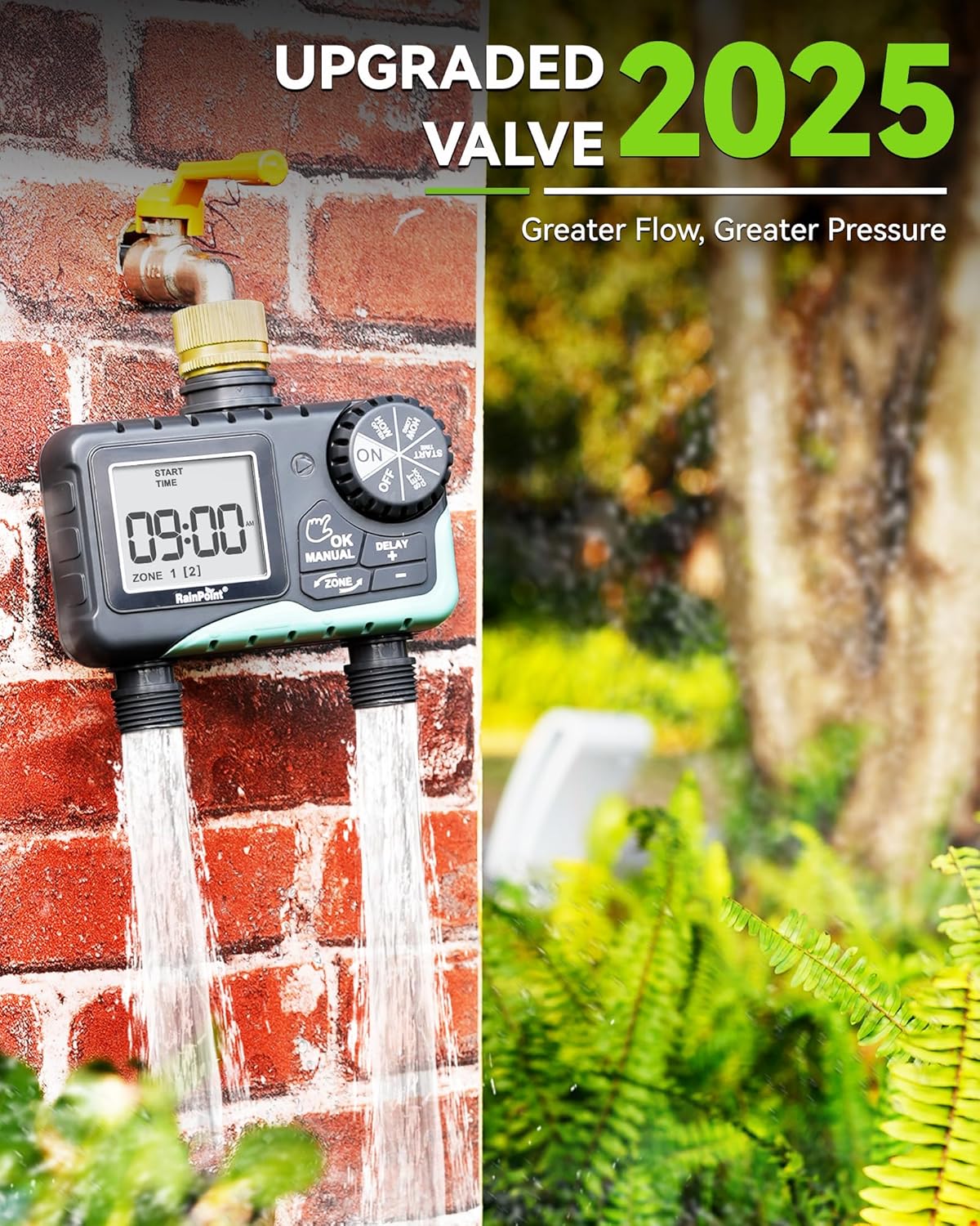 RAINPOINT Water Timer for Garden Hose - Sprinkler Timer with Brass Swivel - Rain Delay/Manual Watering/Automatic Irrigation Programmable Faucet for Yard, 2 Outlet