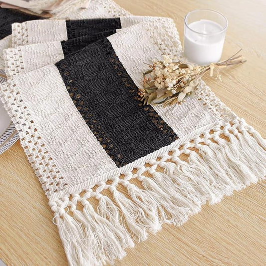 FEXIA Boho Table Runner for Summer Home Decor with Tassels 72 Inches Long Farmhouse Rustic Black Gothic Table Runner Macrame Gothic Burlap Table Decoration for Kitchen Living Room (12x72 Inches)