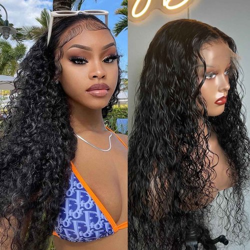 YEECHAEN Water Wave Lace Front Wigs Human Hair 180% Density 13x4 HD Lace Frontal Wigs Pre Plucked with Baby Hair Wet and Wavy Curly Frontal Human Hair Wigs for Women Natural Color (18inch)