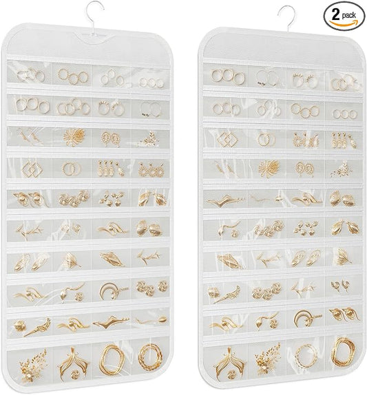 2-Pack Hanging Jewelry Organizer 80-Pocket Dual-sided Jewelry Storage for Jewelry Earring Necklace Bracelet Ring Storage Travel Holder, White