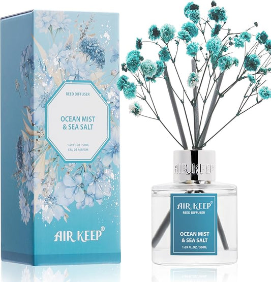 Airkeep Reed Diffuser Set,1.69 fl oz (50 ml) - Ocean Mist&Sea Salt Oil Diffusers with 8 Reed Sticks,Home Fragrance Reed Diffuser for Bathroom Shelf DecorSALT