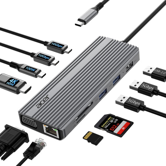 Acer 11 in 1 USB C HUB Multiport Adapter with 4K@60Hz HDMI, 1080P VGA, 2x10Gbps USB C, 2x5Gbps USB A, 100W PD Port, 1000Mbps Ethernet, SD/TF, Dual Monitor Docking Station for PC, Laptop, Desktop