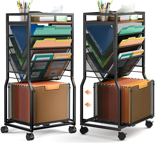 DAOUTIME 8 Tier Rolling File Cart with Hanging File Folder Organizer, Mobile File Organizer with 2 Sides Access Bookcase, Beside/Under Desk Cart with Wheels for Office Home School