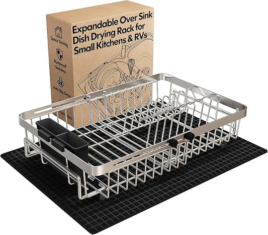 MAJALiS Dish Drying Rack Over The Sink with Utensil Holder, Mat | Expandable Stainless Steel Dish Drainer for Small Kitchen, Apartment, RV, Counter Space Saving, Perfect Fit, Rustproof
