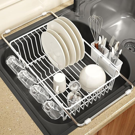 MAJALiS White Dish Drying Rack Over The Sink with Utensil Holder | Expandable Stainless Steel Dish Drainer for Small Kitchen, Apartment, RV, Counter Space Saving, Perfect Fit, Rustproof