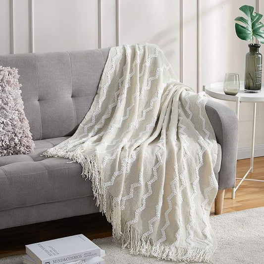 BOURINA Fluffy Chenille Knitted Fringe Throw Blanket Lightweight Soft Cozy for Bed Sofa Chair Throw Blankets Beige 60" x 80"