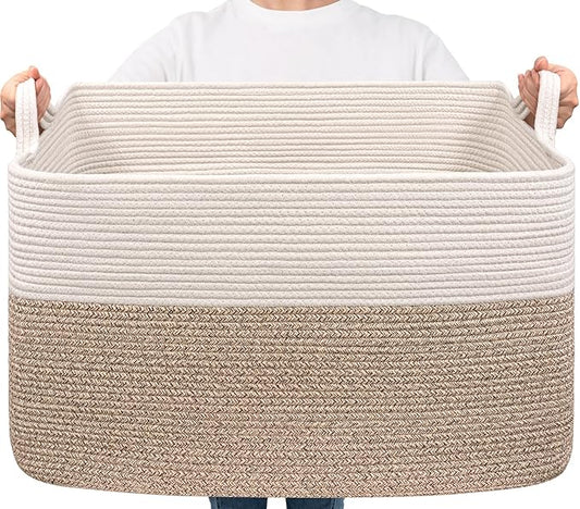 Goodpick Extra Large Woven Blanket Basket, 23.6" x 15.7" x 13.8" Storage Organizer for Blankets, Toys, Dirty Clothes, Rectangle Cotton Rope Basket for Living Room, Nursery, Bedroom