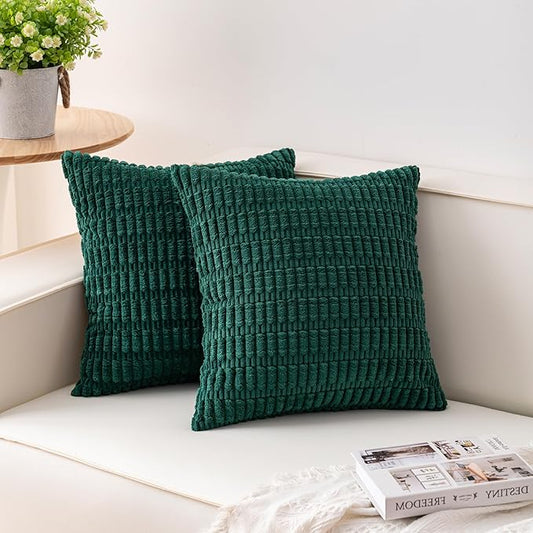 Aegero Pack of 2 Christmas Green Corduroy Decorative Throw Pillow Covers 24x24 Inch Soft Striped Pillow Covers Modern Farmhouse Home Decor for Sofa Living Room Couch Bed（Blackish Green）