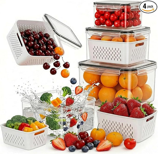 4 Pack Fruit Storage Containers for Fridge with Removable Colanders，4 in 1 Produce Storage Containers with Lids, Leakproof Fridge Organizer Bins for Salad Berry Lettuce Vegetables Meat Keeper Fresh