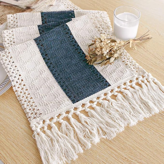 FEXIA Boho Blue Table Runner 108 Inches Long with Tassels Macrame Farmhouse Summer Style Graduation Party Rustic Wedding Baby Shower Dining Kitchen Living Room Decor (12x108 Inches)