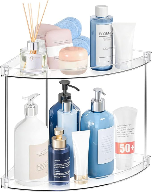 2 Tier Corner Bathroom Organizer, Clear Bathroom Counter Shelf for Vanity Countertop, Kitchen, Sink Storage, Tiered Skincare Organizer for Makeup, Perfume, Beauty Supplies (Triangular)