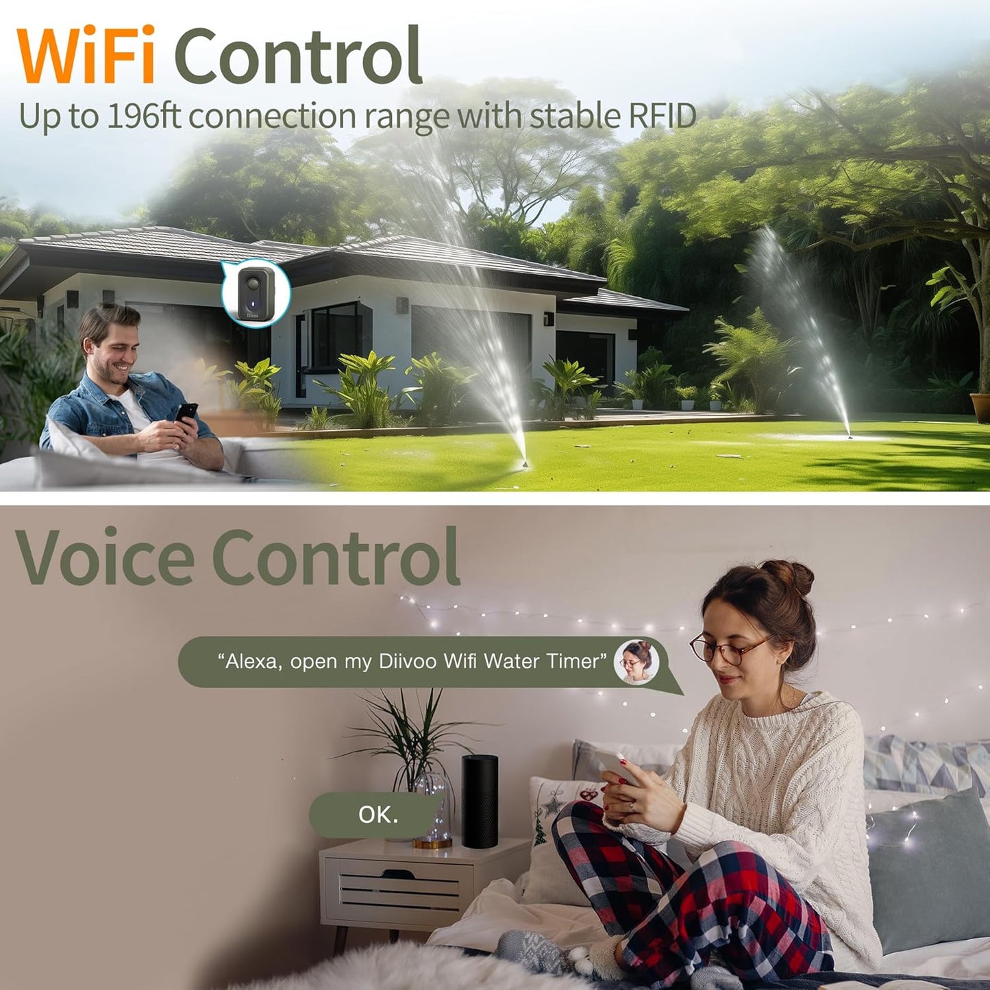 Diivoo 4 Outlets WiFi Water Timer, Sprinkler/Hose/Tap Timer Compatible with Alexa, 24 Preset Irrigation Plans, Rain Delay, and 2 Watering Modes Tailored for Lawns and Yards