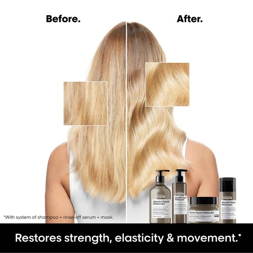 L'Oréal Professionnel Paris Absolut Repair Molecular Shampoo & Rinse-Off Serum Set - Strengthening For Dry Damaged Hair, With Peptide Bonder & Amino Acids, Sulfate-Free