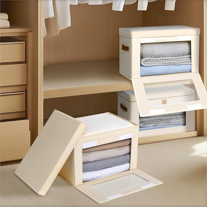 Homsorout Medium Fabric Storage bins - Collapsible Storage Bins with Open Window, 6 Pack Closet Baskets for Shelves, Stackable Decorative Boxes for Home, Dorm, Beige, 13.7"x 9.8" x 9.8"