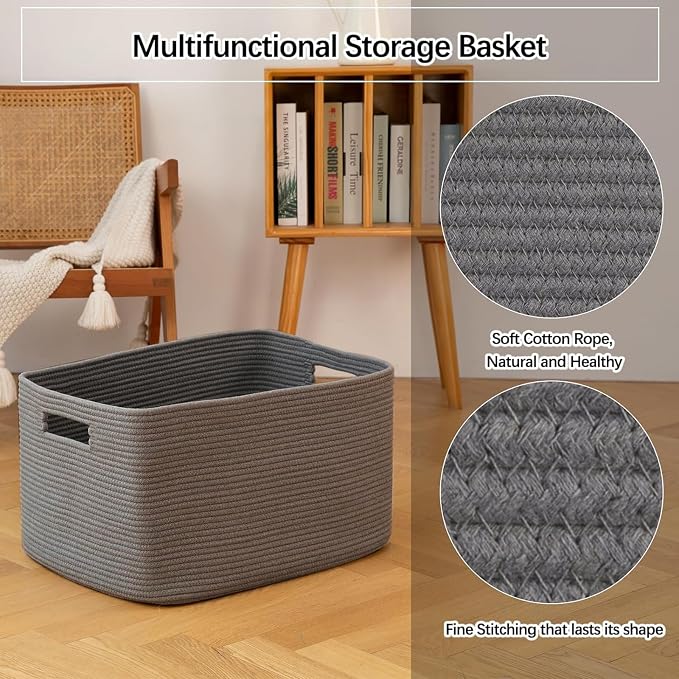 OIAHOMY XXLarge Rectangle Blanket Basket-96L, Cotton Woven Basket for Storage, Dirty Clothes Basket for Living Room, Nursery, Bedroom, Toy Organizing with Handle, 24" x 16" x 15", Dark Grey