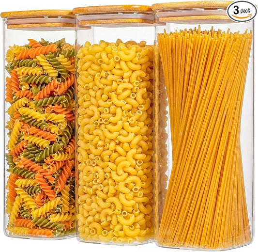 3-Pack 2.2Qt Square Glass Spaghetti Jars with Bamboo Lids | Minimalist Kitchen Organizer,Scandinavian Style Storage,Nordic Style Storage,Food Storage Canister for Pasta, Penne, Macaroni