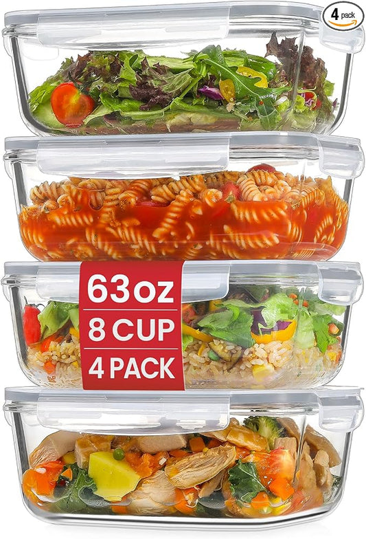 4 Pack 8 Cups/ 63oz Large Glass Storage Containers with Lids, Meal Prep Containers, Glass Food Storage with Airtight Lid for Baking, Leak Proof & Microwave, Oven Safe (4 Containers + 4 Lids)