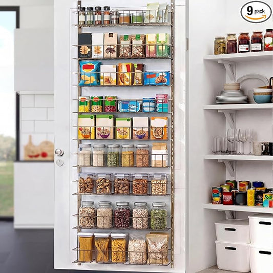 ElegantArray 9-Tier Pantry Door Oragnizer, Over The Door Pantry Organizer Rack and Storage, Hanging Spice Rack Shelves Door, Home Office Laundry Room Bathroom & Kitchen Organization, Brown