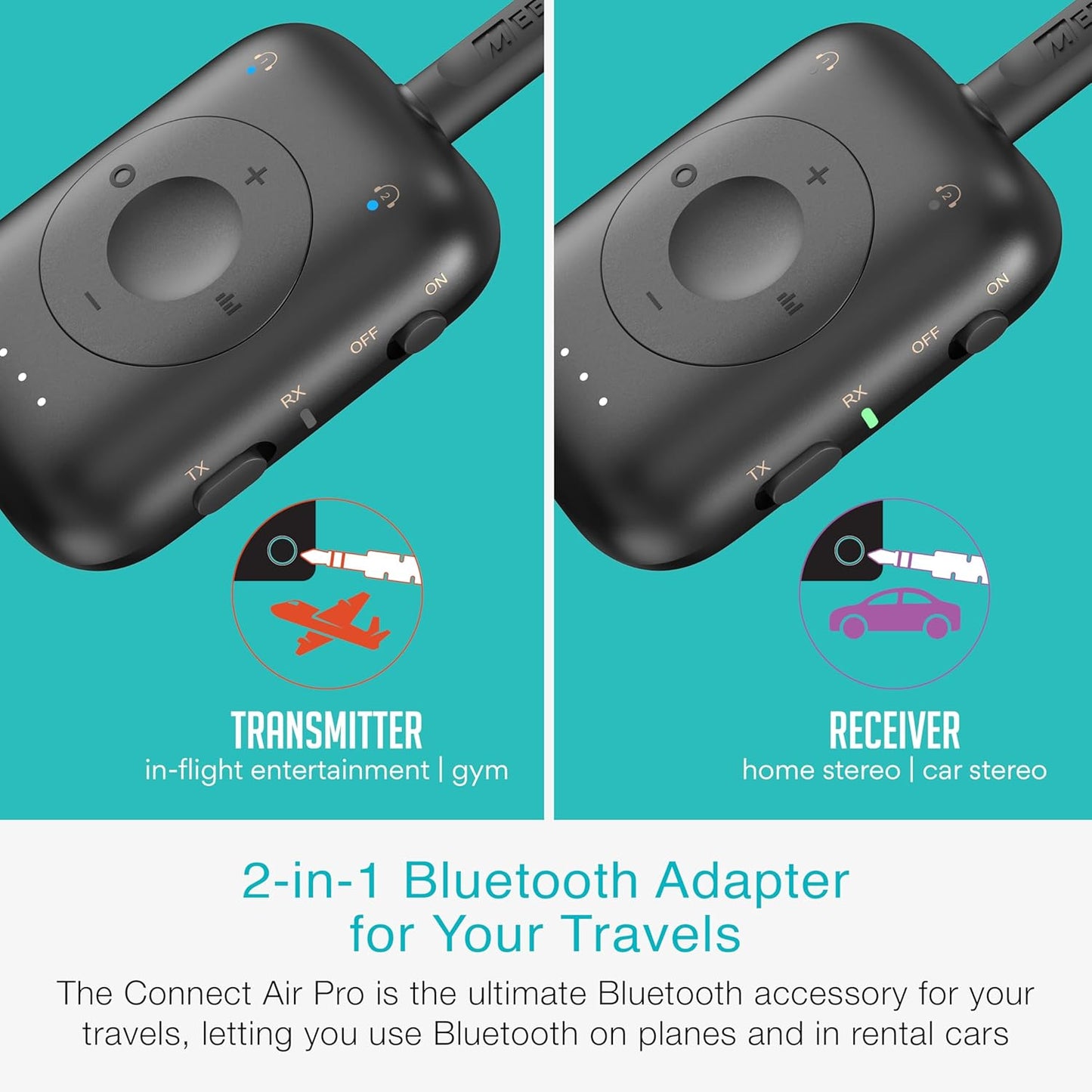 MEE audio Connect Air Pro Bluetooth Wireless Audio Transmitter & Receiver for AirPods or Bluetooth Headphones, 2-in-1 Adapter with Detachable Cable 3.5mm Aux Audio Jack for Airplanes, Auto, Gym, Black