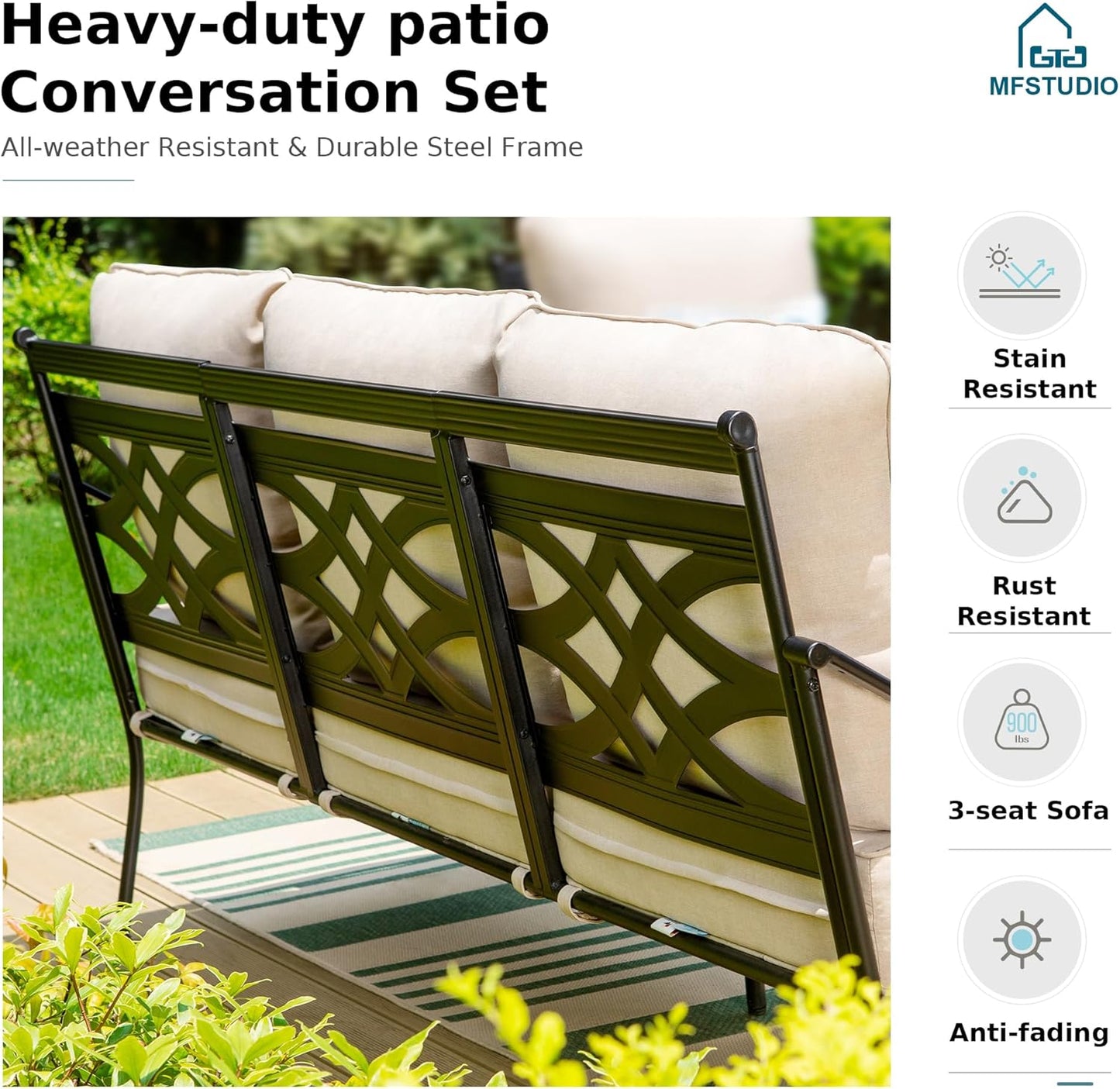 MFSTUDIO 5 Seats Large Metal Patio Conversation Sets, 4 Pieces Outdoor Sectional Furniture Sofa with 2 x Motion Chairs, 1 x 3-seat Sofa and 1 x 45 inches Rectangular Propane Fire Pit Table