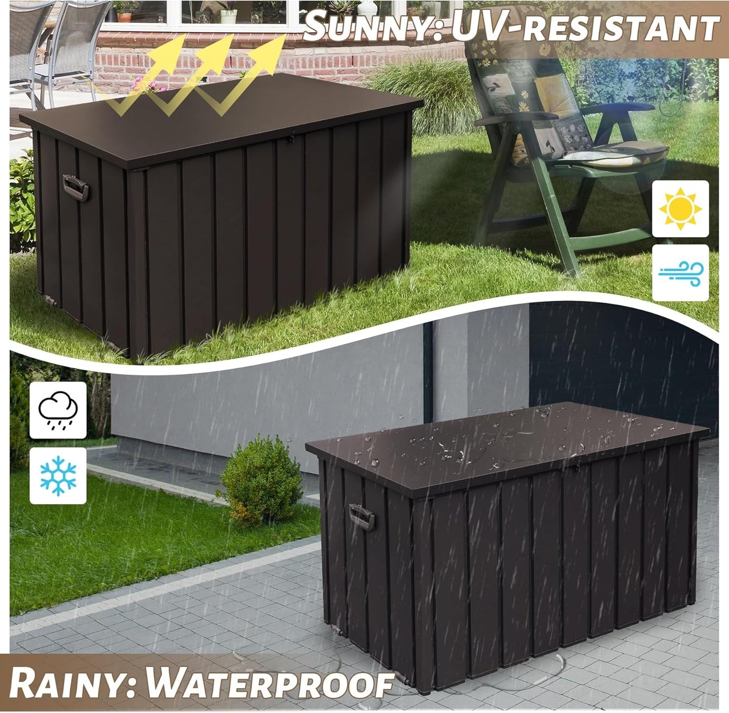200 Gallon Deck Box, Outdoor Metal Storage Box Waterproof, Large Patio Furniture Storage Cabinet, Lockable Storage Chest for Porch, Pillows, Cushions, Pool, Tools, Backyard -Brown