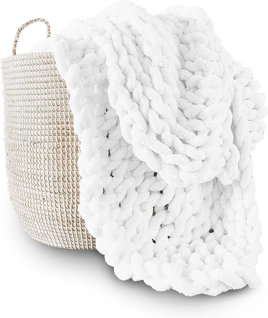 Adyrescia Chunky Knit Blanket Throw | 100% Hand Knit with Jumbo Chenille Yarn (50"x60", Bright White)