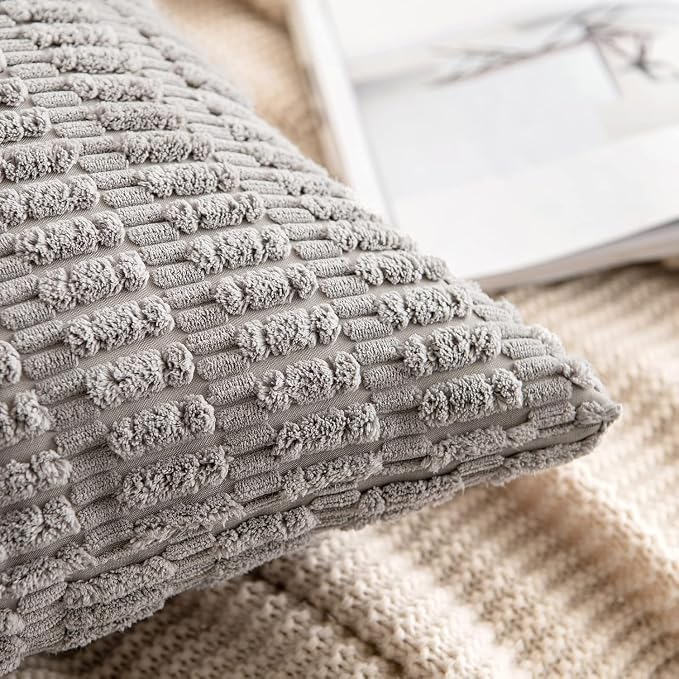 MIULEE Pack of 2 Corduroy Decorative Euro Sham Throw Pillow Covers 24x24 Inch Soft Boho Striped Pillow Covers Modern Farmhouse Home Decor for Sofa Living Room Couch Bed Light Grey