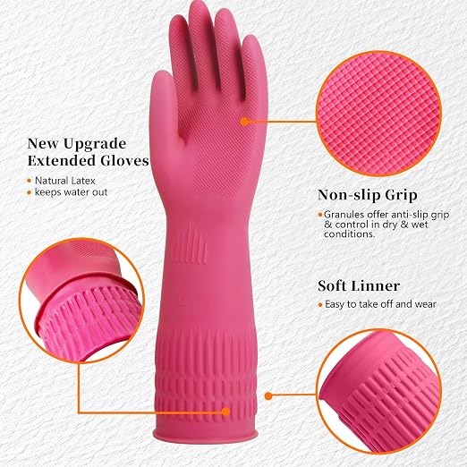 Rubber Gloves for Cleaning – 3 Pairs Reusable Gloves for Dishwashing, Kitchen and Household Tasks, 15-Inch Long (Regular Style, Large (Fits Medium Hands))