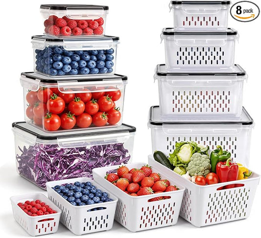 8 PCS Fruit Storage Containers for Fridge, Leakproof Produce Containers for Fridge with Removable Colander, Microwave/Dishwasher Safe Fruit Washing Bowl Keep Fruits, Vegetables, Berry Fresh longer